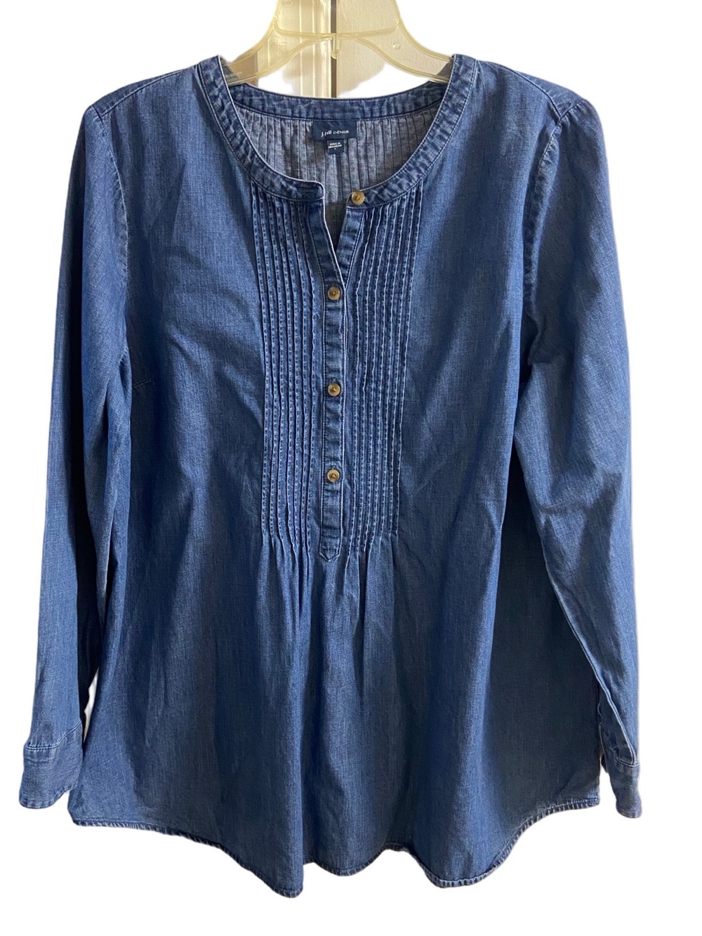 J.Jill Blue Denim Chambray Pin-Tuck Split-Neck Button-Front Tunic Blouse Large
